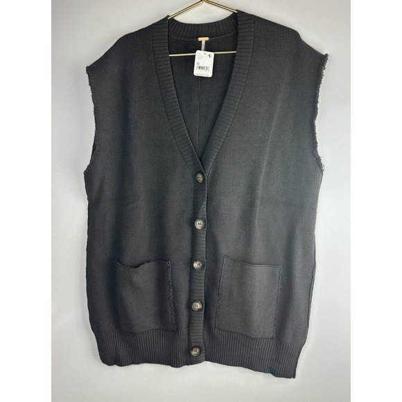 NWT Free People Oakleigh Oversized Boyfriend Sweater Vest Button Charcoal Gray M - Picture 2 of 16